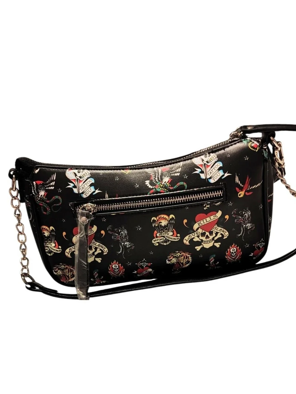 Ed Hardy Grunge Black Bikercore Tiger Skull Heart Studded Chain Crossbody Bag